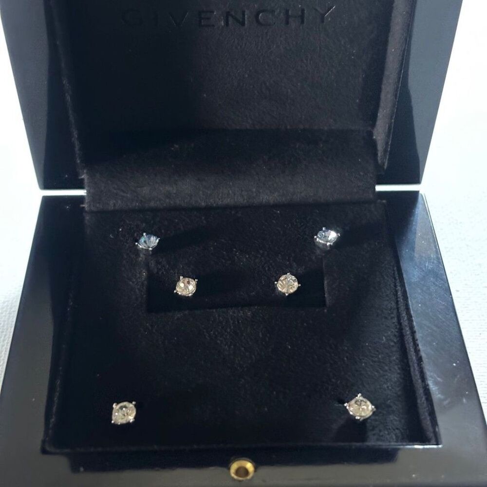 Givenchy Crystal Stud Earrings Set of 3 Pairs Silver-Tone Hypoallergenic